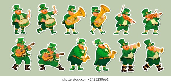 Conjunto de músicos divertidos en disfraces de duende. Personas y 
Instrumentos musicales. Personajes de dibujos animados. Pegatinas. Ilustración del Día de San Patricio, una fiesta irlandesa. Vector.