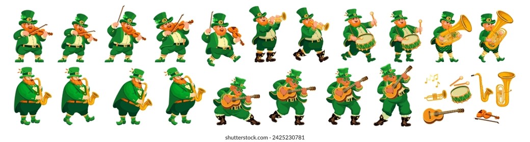 Set of funny musicians in leprechaun costumes. People and 
Musical Instruments. Cartoon characters are isolated on white. Illustration for St. Patricks Day, an Irish holiday. Vector.