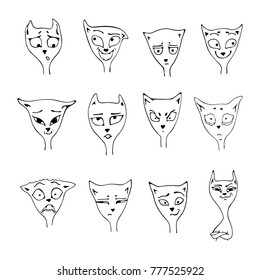 A set of funny muzzle cats with different emotions. Vector image of hand-drawn cartoon style isolated on white.