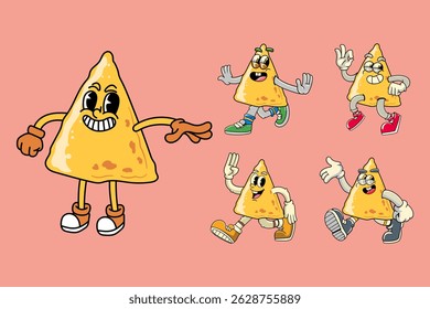 Set of Funny Nachos Mexican Food Cartoon Characters in Retro 70s Illustration