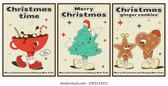 set of funny New Year and Christmas party invitation posters in groovy style with characters:cocoa, Christmas tree, ginger cookies.Vector illustration in the comic style of old cartoons of the 50s-70s