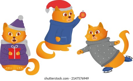 A set of funny New Year's cats. A cat with a gift, a cat on skates, a cat with a Christmas toy