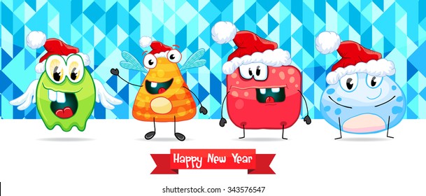 Set of funny new year's monsters, microbes, aliens, bacterias. Vector illustration