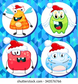 Set of funny new year's monsters, microbes, aliens, bacterias. Vector illustration