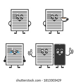 Set de divertida mascota de periódicos, memoria de beber café y leer el periódico por la mañana, triste por quedar atrás debido a los tiempos cambiantes, hacer amigos y ser reemplazado por el vector de caricaturas de smartphones