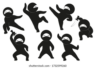 Set of funny ninjas in black suits on a white background. A collection of little kawaii samurai. EPS10 vector illustration