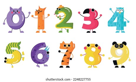 Set of funny numbers in cartoon style. Vector illustrations of animal number characters: cats, crocodile, flamingo, owl, fish, dinosaur, tiger, panda for kids learning math on white background.