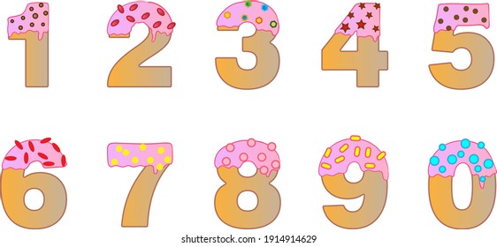 Set of funny numbers cute delicious donut with frosting. Illustration in cartoon style on white background for children. Vector. Isolated from background