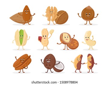 Set of funny nuts cartoon characters smiling with hands and legs isolated on white background. Cheerful nuts mascots in flat design.