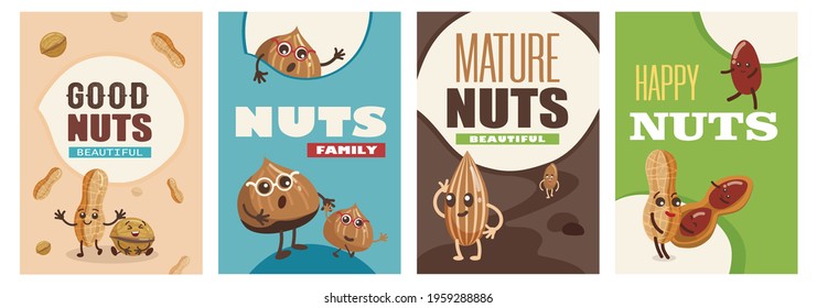 Set of funny nuts characters posters cartoon vector illustration. Flyers with cute comic almond, hazelnut, peanut in colorful background. Health, diet, fantasy concept for banner design, landing page