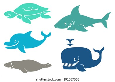 Set of funny ocean animals.