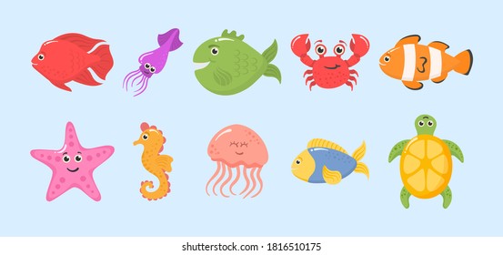 Conjunto de divertidos animales del océano aislados en un fondo blanco. Criaturas marinas. Animales marinos y plantas acuáticas. Vector aislado de la criatura subacuática. Caricatura divertida. Ilustración vectorial.