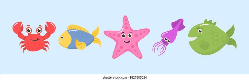 Conjunto de divertidos animales del océano aislados en un fondo blanco. Criaturas marinas. Animales marinos y plantas acuáticas. Vector aislado de la criatura subacuática. Caricatura divertida. Ilustración vectorial.