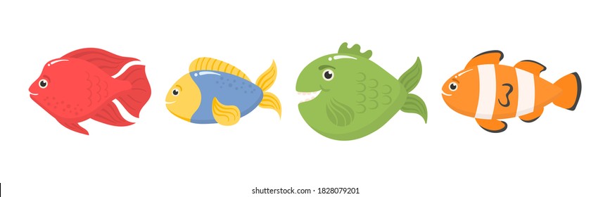 Set of funny ocean animals isolated on a white background. Sea creatures. Marine animals and aquatic plants. Underwater creature set vector isolated. Funny cartoon character. Vector illustration.