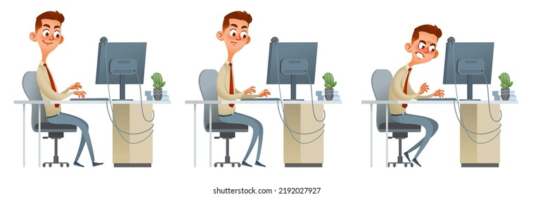 Set of funny office worker or businessman working online on a computer at his desk with different poses and emotions. Cartoon vector illustration. Isolated on white.