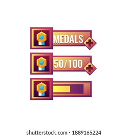 set of funny old wooden game ui award medals icon with numeric and load bar additional panel for gui asset elements vector illustration
