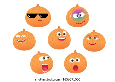 Set of funny onion character isolated on white background. Vector cartoon faces with various emotions.