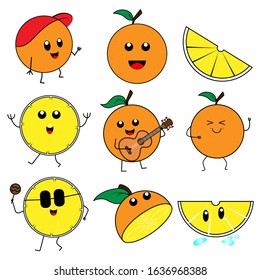 Set of funny orange images of various expressions. Isolated element on a white background. Funny fruit, characters for children. Flat style, vector illustration.