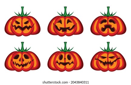 Set of funny orange pumpkins with different faces for your Halloween design. Flat illustration. Vector graphic  