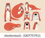 A set of funny otters in different poses. Vector illustration in hand drawn style