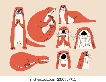 A set of funny otters in different poses. Vector illustration in hand drawn style