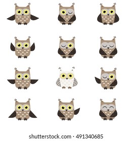 set of funny owl characters. Collection of owls. Vector illustration. Emojis