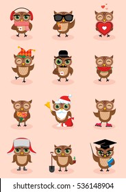 Set of funny owls with different moods and accessories for every season. Vector illustration