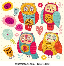 Set of funny owls and flowers.