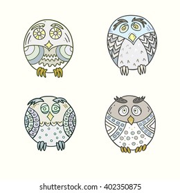 Set of funny owls hand-drawn and colored. Vector graphics.