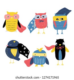 Set of funny owls superheroes. Kids trendy graphic. Vector hand drawn illustration.