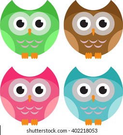 Set Of Funny Owls Vector Illustrations In Color In Cartoon Style. Perfect For Children Books, Posters, Wallpapers, Wrapping Paper Etc.