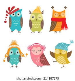 Set of funny owls for winter design.