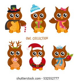 Set of funny owls for winter design. Christmas and New Year's owls in funny costumes.