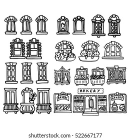 Set of funny painted windows. Doodles. Hand-drawn design elements. Vector illustration of different types of windows.