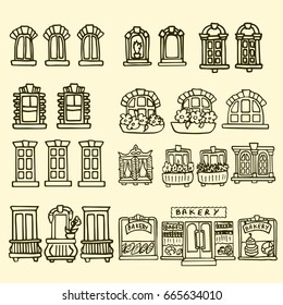Set of funny painted windows. Doodles. Hand-drawn design elements. Vector illustration of different types of windows.