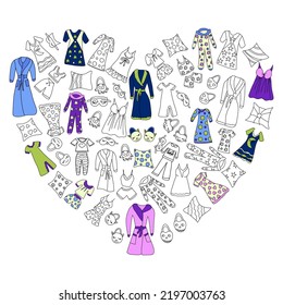 Set of funny pajamas and nightgowns, pillows and fireboxes arranged in a heart composition. Vector illustration of hand-drawn elements in a linear doodle style.