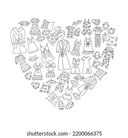 Set of funny pajamas and nightgowns, pillows and fireboxes arranged in a heart composition. Vector illustration of hand-drawn elements in a linear doodle style and isolated on a white.coloring book