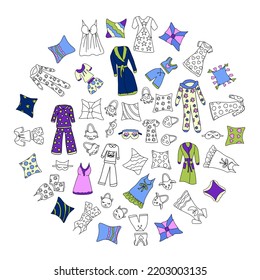 Set of funny pajamas and nightgowns, pillows and fireboxes arranged in a circular composition. Vector illustration of hand-drawn elements in a linear doodle style.