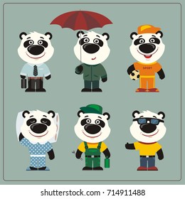 Set funny Panda bear in different clothing: sportsman, worker, manager, summer, autumn, sleepwear in cartoon style.