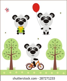 Set of funny panda bear with gift, balloon and on bicycle in cartoon style.