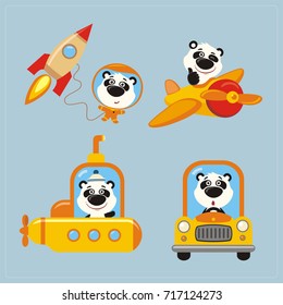 Set of funny Panda Bear in various transport: airplane, submarine, car, space rocket.