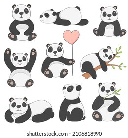 Set of funny panda bears cartoon style hand drawn