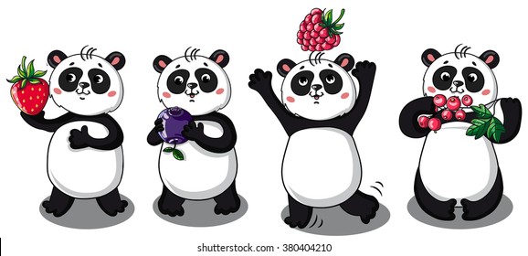 set of funny pandas and berries