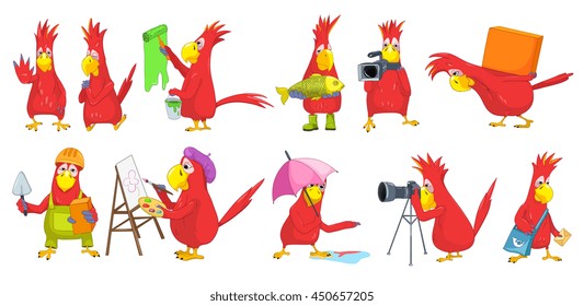 Set of funny parrots of different professions such as painter, artist, fisherman, cameraman, loader, mason, photographer, mailman. Parrot is praying. Vector illustration isolated on white background.