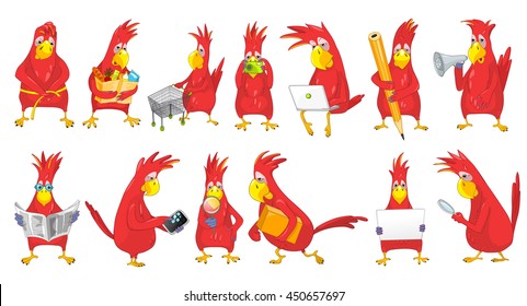 Set of funny parrots engaged in such matters as shopping, measuring waist, working on laptop, reading newspaper, using phone, megaphone, magnifier. Vector illustration isolated on white background.