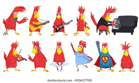 Set of funny parrots singing into a microphone, dancing ballet, playing guitar, saxophone, piano, violin. Red parrots with musical instruments. Vector illustration isolated on white background.