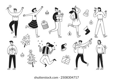 Set of funny party on the occasion of celebration. Merry Christmas concept. Happy holidays, people, gifts, Christmas trees, decorations. Doodle linear vector illustration