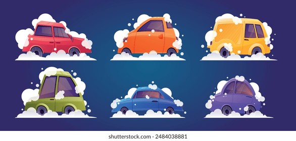 Set of funny passenger cars hatchback with foam and soap bubbles, vehicle wash. Vector collection of isolated cartoon illustration.