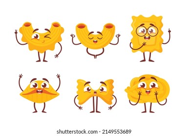 Set of Funny Pasta Characters, Noodles with Cute Faces, Hands and Feet, Comic Spaghetti, Rigati and Fettuccine Personages, Happy Italian Cuisine Ingredients, Dry Product. Cartoon Vector Illustration