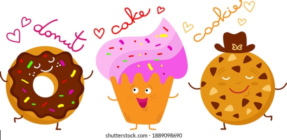 Set of funny pastry, donut, cake, cookie. Cute sweet desserts, cartoon characters, vector illustration isolated on white background 